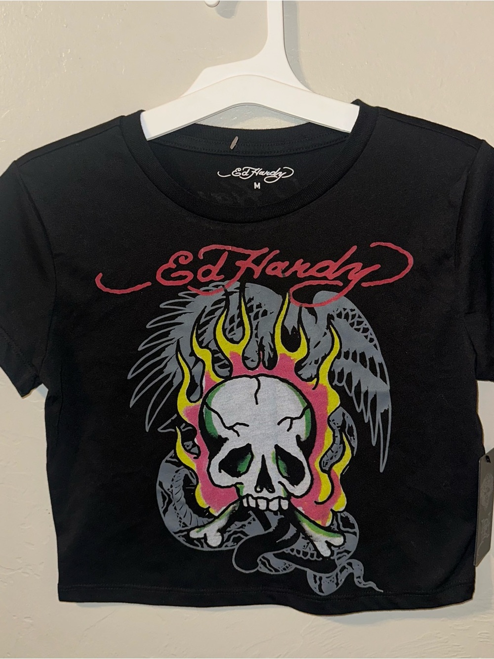 Ed Hardy Black Tee with Neon Skull and Flame Graphic